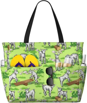 VOSERY Large Beach Bags Waterproof Sandproof - Cool Goat No.20002 Cute Beach Tote Bags for Women with Zipper
