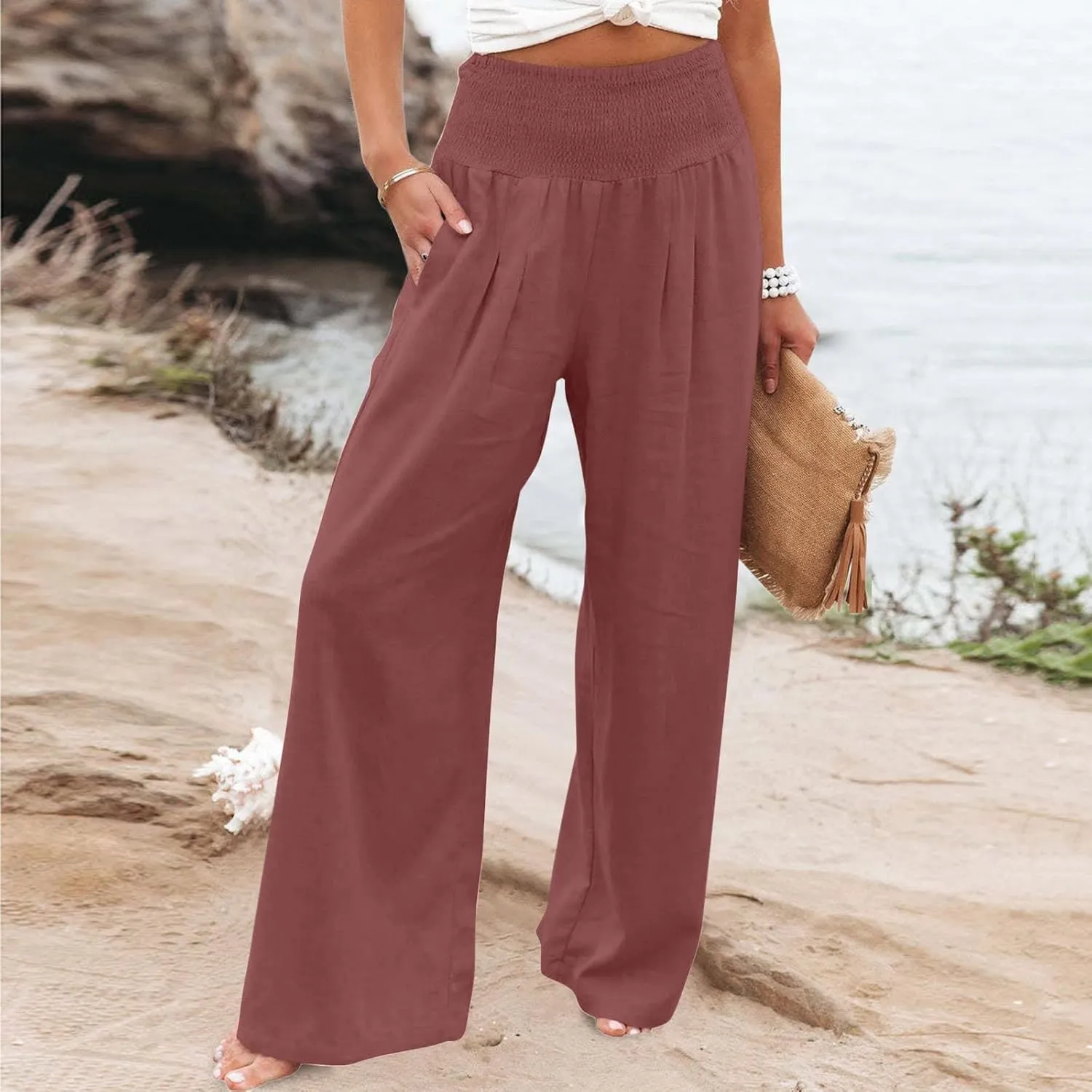 Wide Leg Pants Women Summer Casual Drawstring High Waist Cotton Linen Trousers Resort Wear Beach Trendy Palazzo Pant