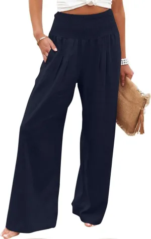 Wide Leg Pants Women Summer Casual Drawstring High Waist Cotton Linen Trousers Resort Wear Beach Trendy Palazzo Pant