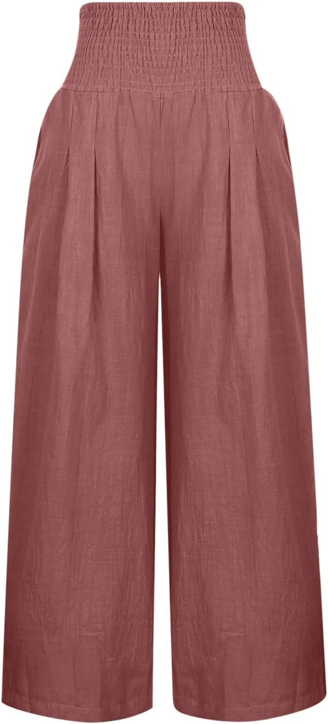 Wide Leg Pants Women Summer Casual Drawstring High Waist Cotton Linen Trousers Resort Wear Beach Trendy Palazzo Pant