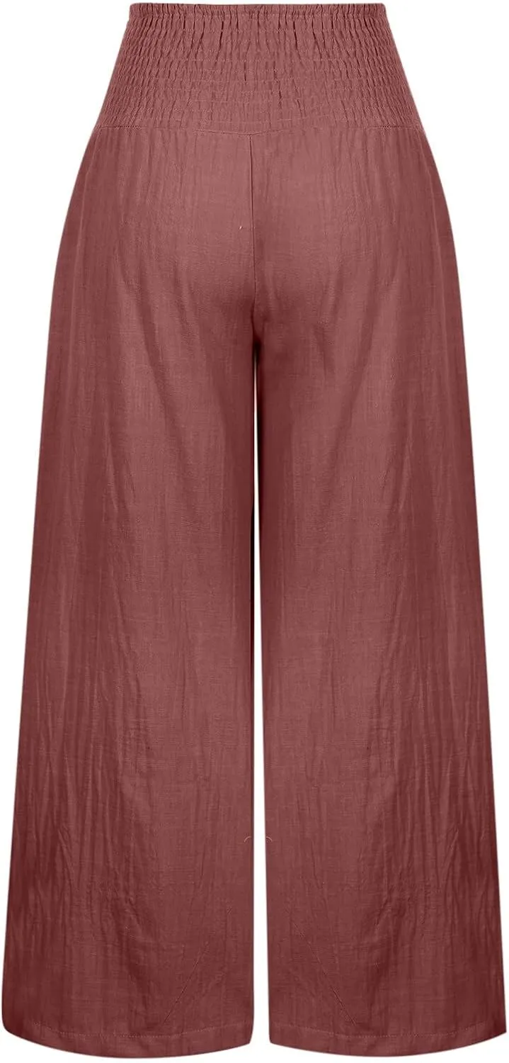 Wide Leg Pants Women Summer Casual Drawstring High Waist Cotton Linen Trousers Resort Wear Beach Trendy Palazzo Pant