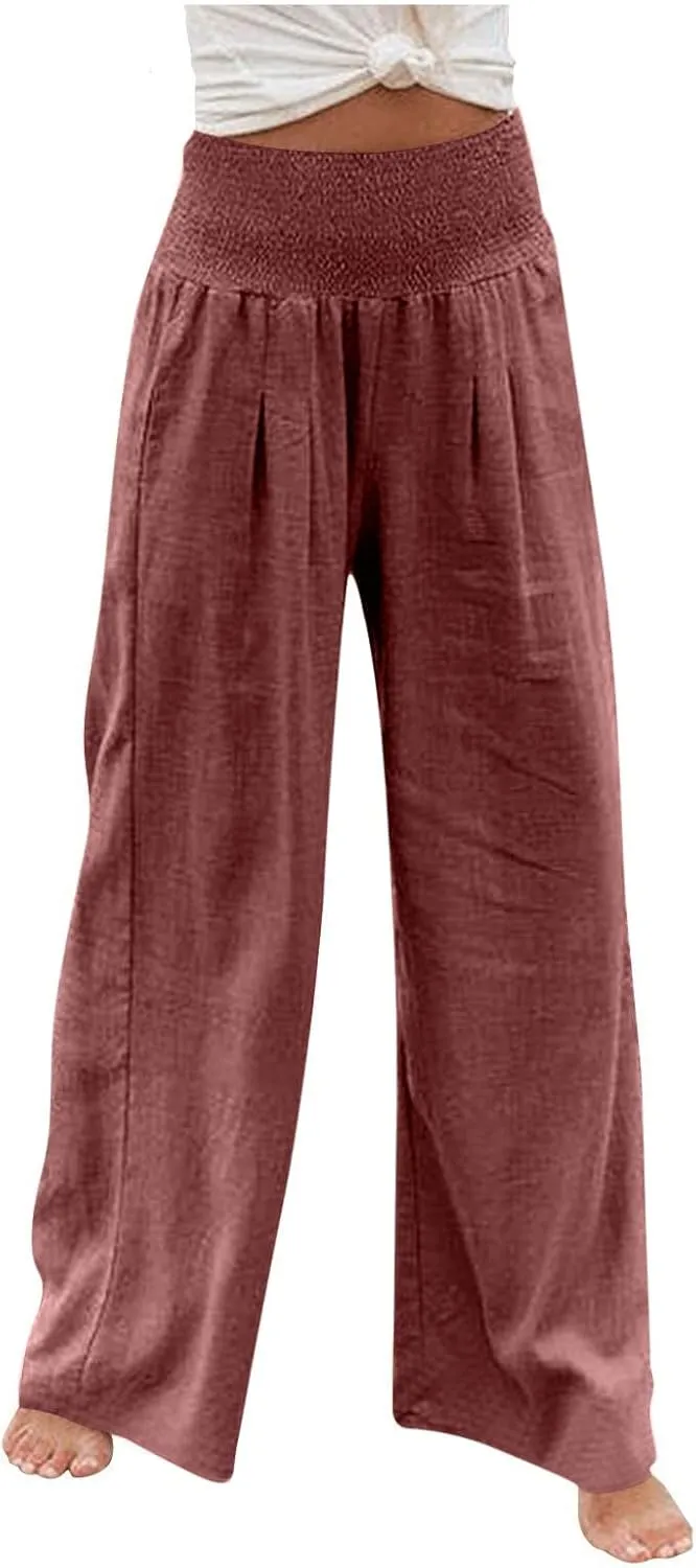 Wide Leg Pants Women Summer Casual Drawstring High Waist Cotton Linen Trousers Resort Wear Beach Trendy Palazzo Pant