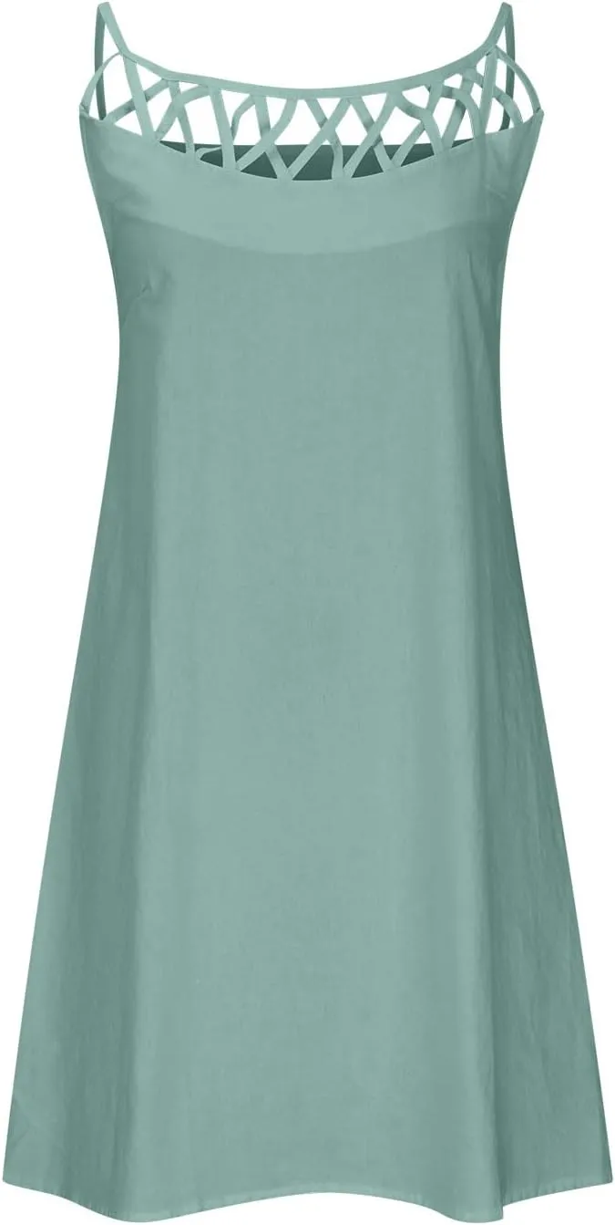Women 2024 Summer Cotton Linen Dresses Hollow Out Crewneck Sleeveless Tank Dresses Casual Beach Sundress Outfits