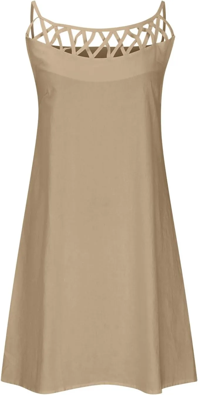 Women 2024 Summer Cotton Linen Dresses Hollow Out Crewneck Sleeveless Tank Dresses Casual Beach Sundress Outfits
