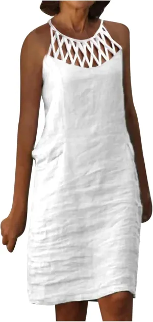 Women 2024 Summer Cotton Linen Dresses Hollow Out Crewneck Sleeveless Tank Dresses Casual Beach Sundress Outfits