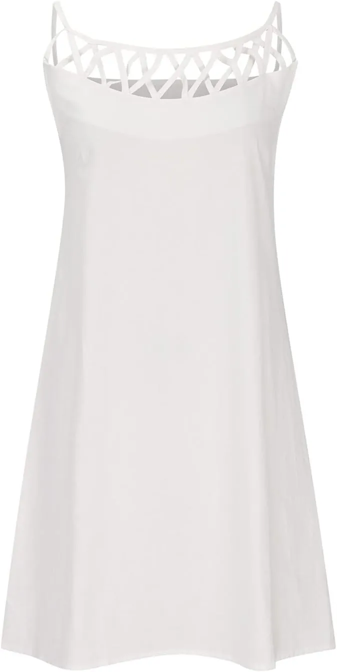 Women 2024 Summer Cotton Linen Dresses Hollow Out Crewneck Sleeveless Tank Dresses Casual Beach Sundress Outfits