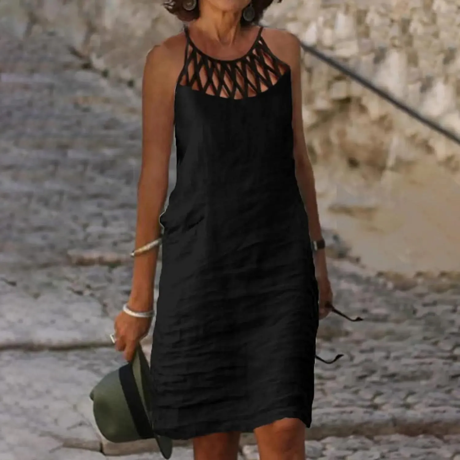 Women 2024 Summer Cotton Linen Dresses Hollow Out Crewneck Sleeveless Tank Dresses Casual Beach Sundress Outfits
