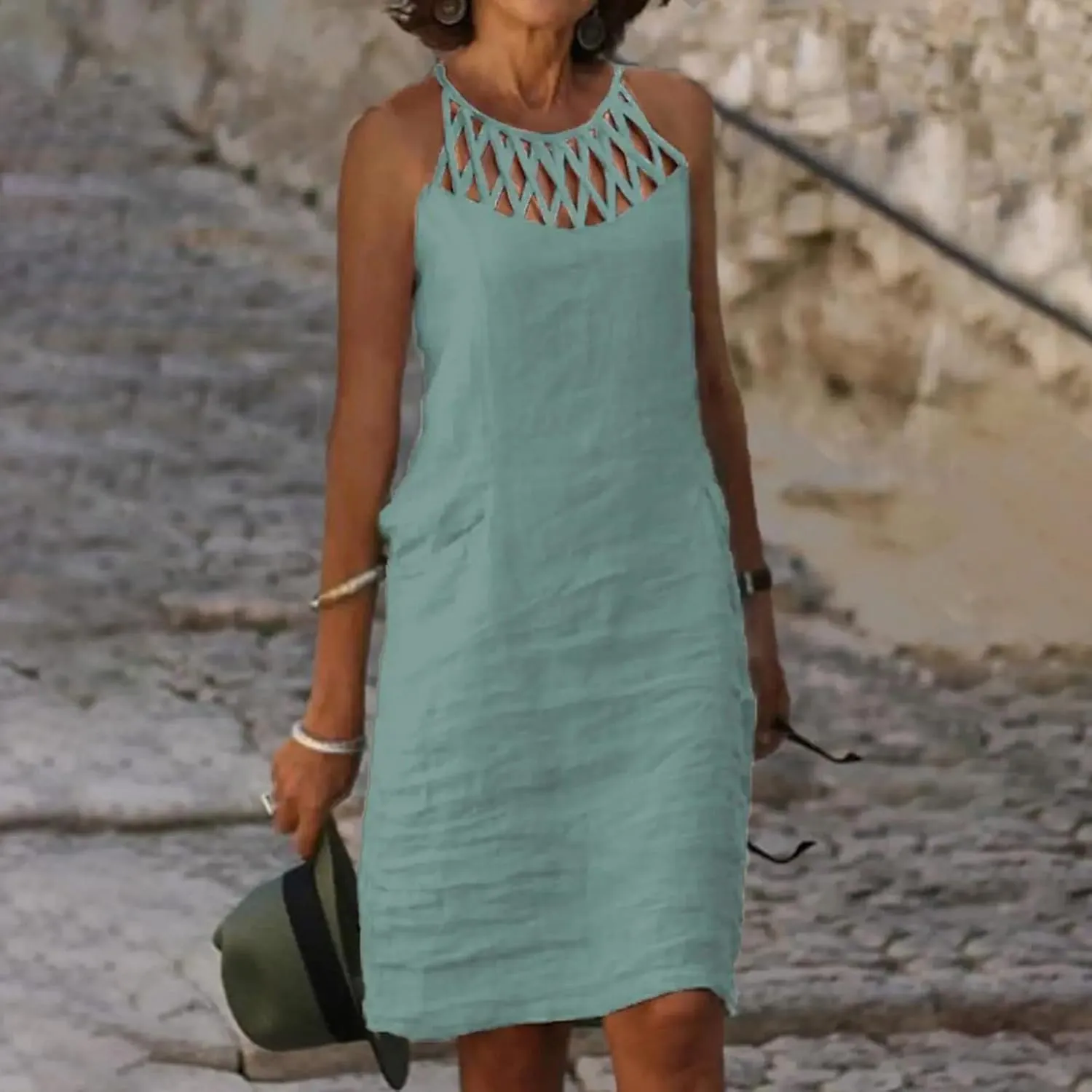 Women 2024 Summer Cotton Linen Dresses Hollow Out Crewneck Sleeveless Tank Dresses Casual Beach Sundress Outfits