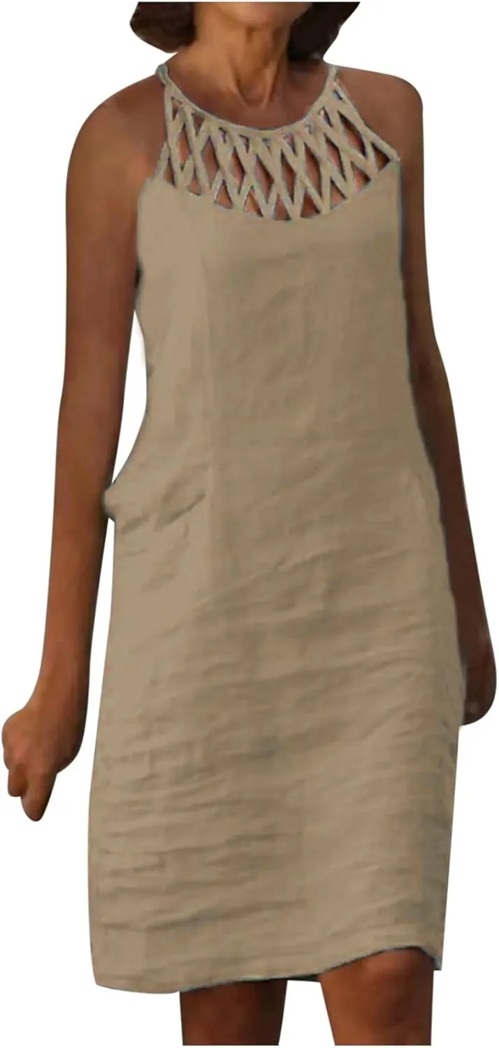 Women 2024 Summer Cotton Linen Dresses Hollow Out Crewneck Sleeveless Tank Dresses Casual Beach Sundress Outfits