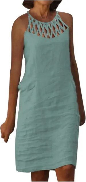 Women 2024 Summer Cotton Linen Dresses Hollow Out Crewneck Sleeveless Tank Dresses Casual Beach Sundress Outfits
