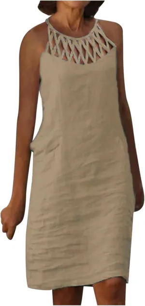 Women 2024 Summer Cotton Linen Dresses Hollow Out Crewneck Sleeveless Tank Dresses Casual Beach Sundress Outfits