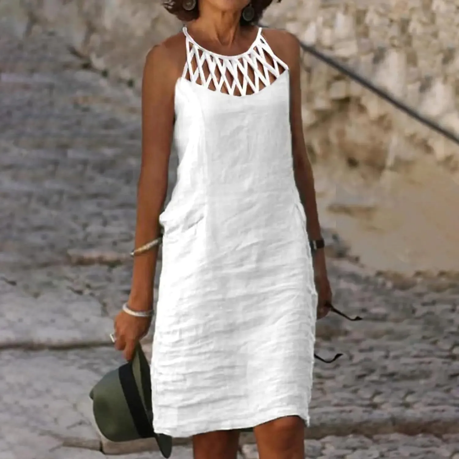 Women 2024 Summer Cotton Linen Dresses Hollow Out Crewneck Sleeveless Tank Dresses Casual Beach Sundress Outfits