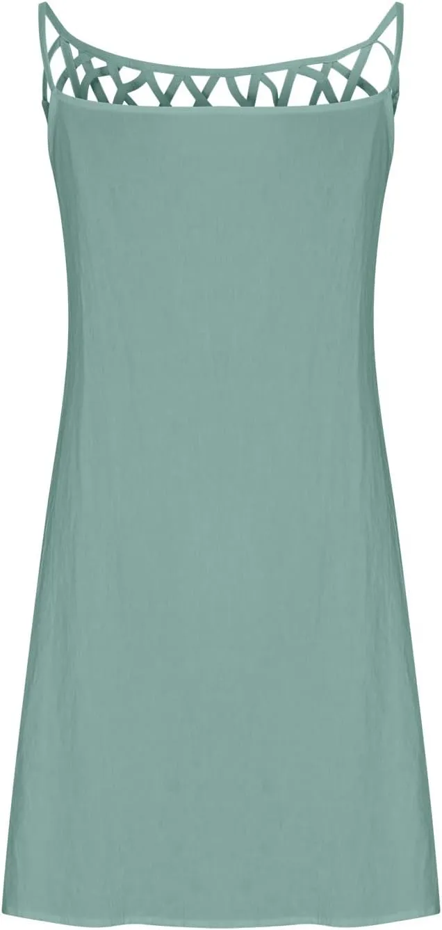 Women 2024 Summer Cotton Linen Dresses Hollow Out Crewneck Sleeveless Tank Dresses Casual Beach Sundress Outfits