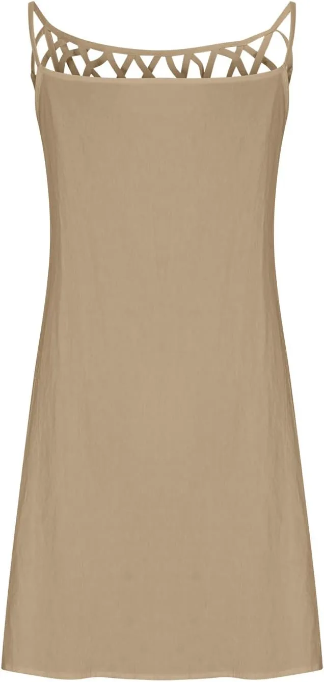 Women 2024 Summer Cotton Linen Dresses Hollow Out Crewneck Sleeveless Tank Dresses Casual Beach Sundress Outfits