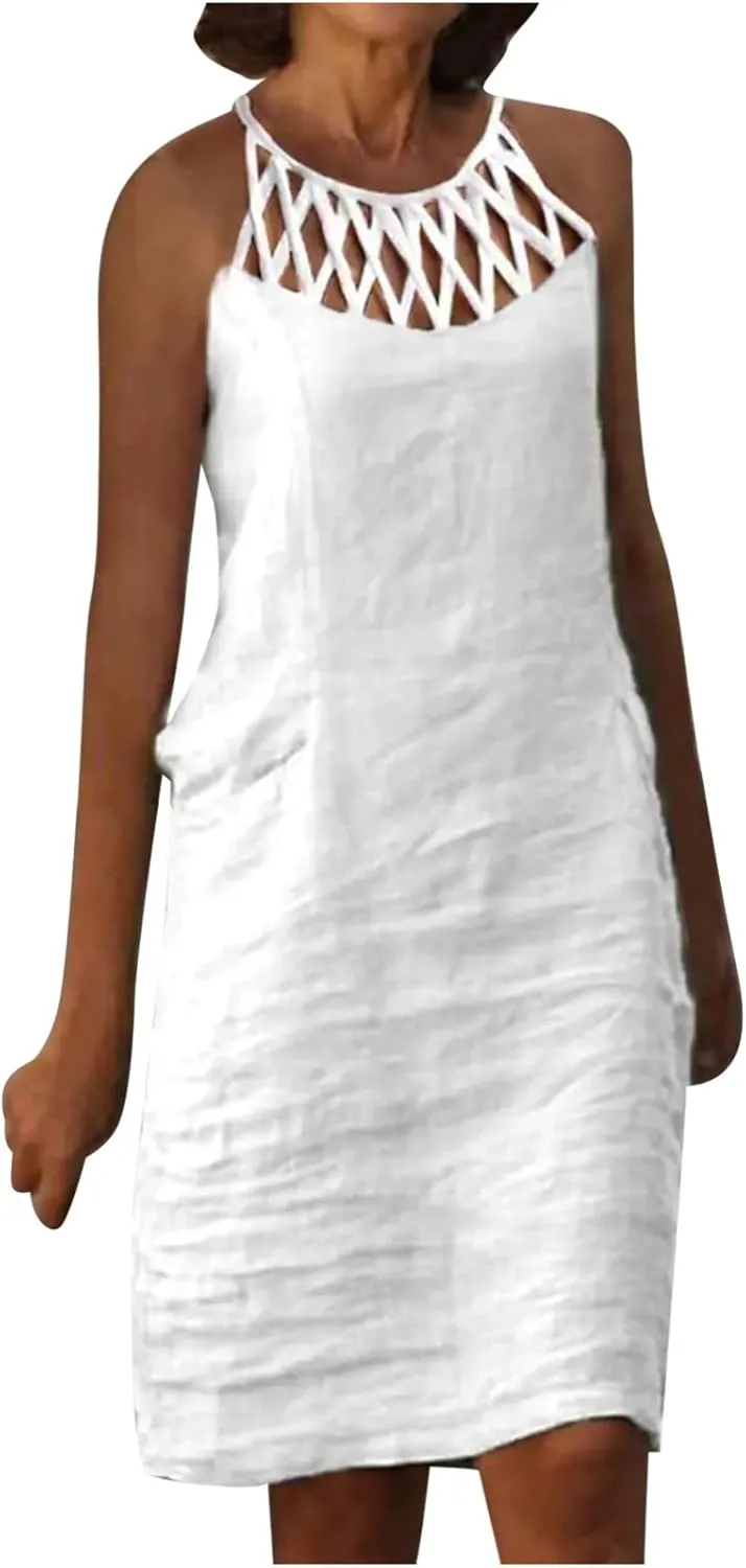 Women 2024 Summer Cotton Linen Dresses Hollow Out Crewneck Sleeveless Tank Dresses Casual Beach Sundress Outfits