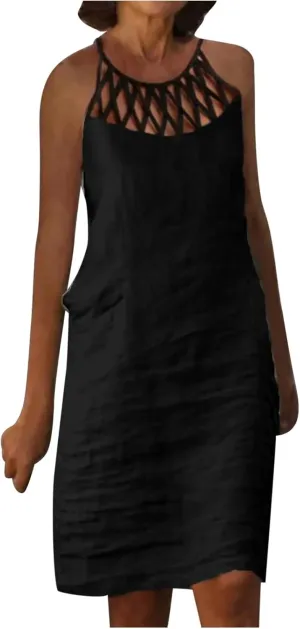 Women 2024 Summer Cotton Linen Dresses Hollow Out Crewneck Sleeveless Tank Dresses Casual Beach Sundress Outfits