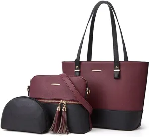 Women Handbags Set Textured Leather Purses Tote Shoulder Bags Dome Satchel Bag with Tassel Small Clutch Wallet 3-Pcs