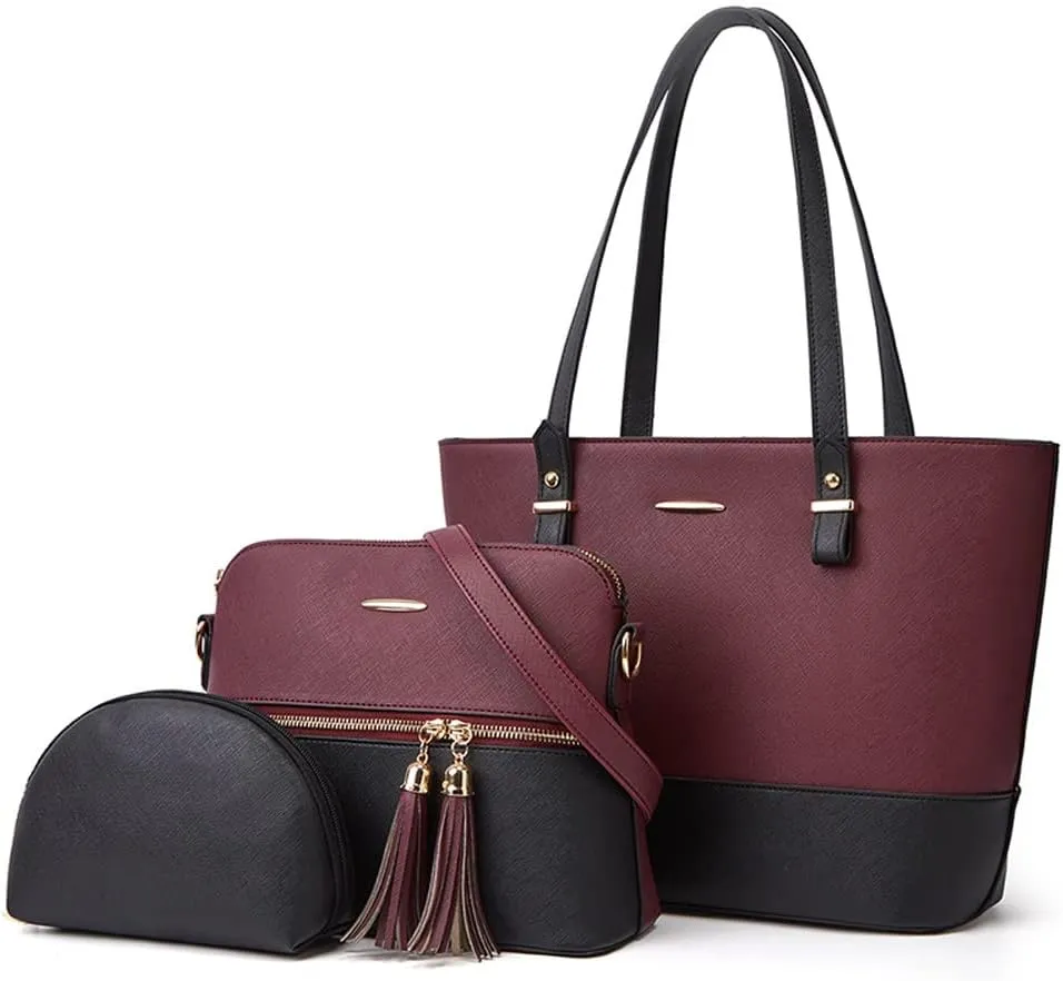 Women Handbags Set Textured Leather Purses Tote Shoulder Bags Dome Satchel Bag with Tassel Small Clutch Wallet 3-Pcs