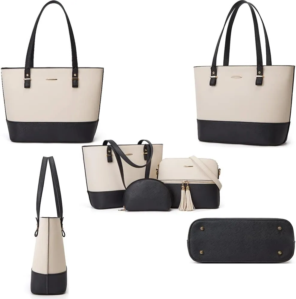 Women Handbags Set Textured Leather Purses Tote Shoulder Bags Dome Satchel Bag with Tassel Small Clutch Wallet 3-Pcs