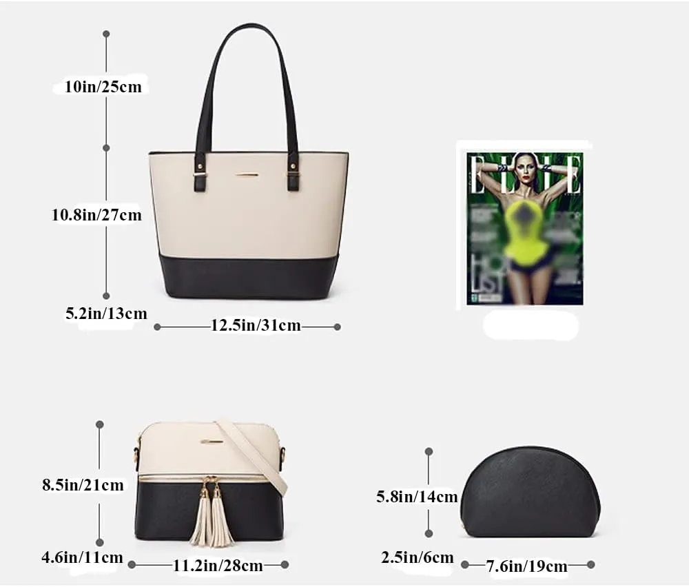 Women Handbags Set Textured Leather Purses Tote Shoulder Bags Dome Satchel Bag with Tassel Small Clutch Wallet 3-Pcs
