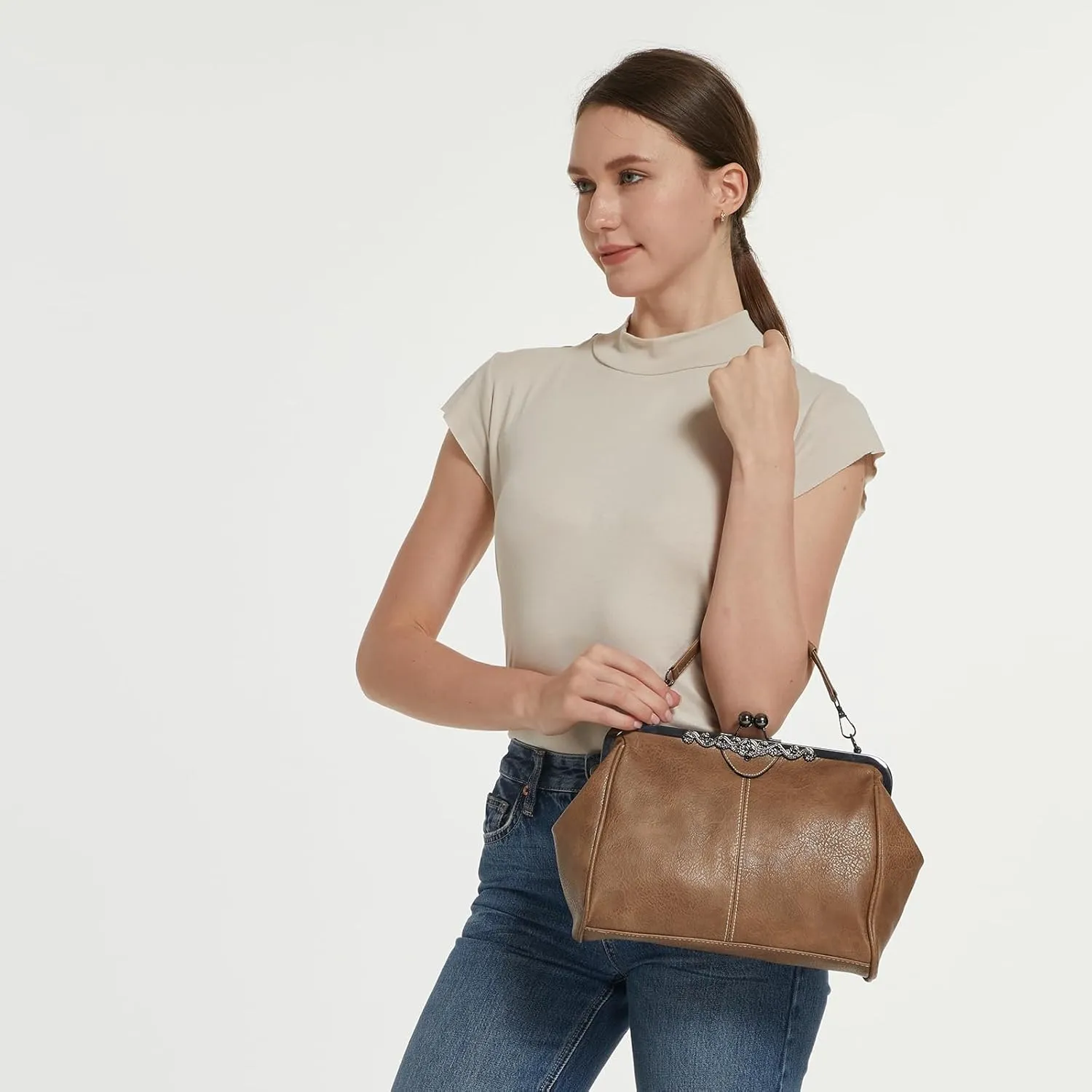 Women Kiss Lock Vintage Handbags for Women Oil Leather Evening Clutch Satchel Purse Tote