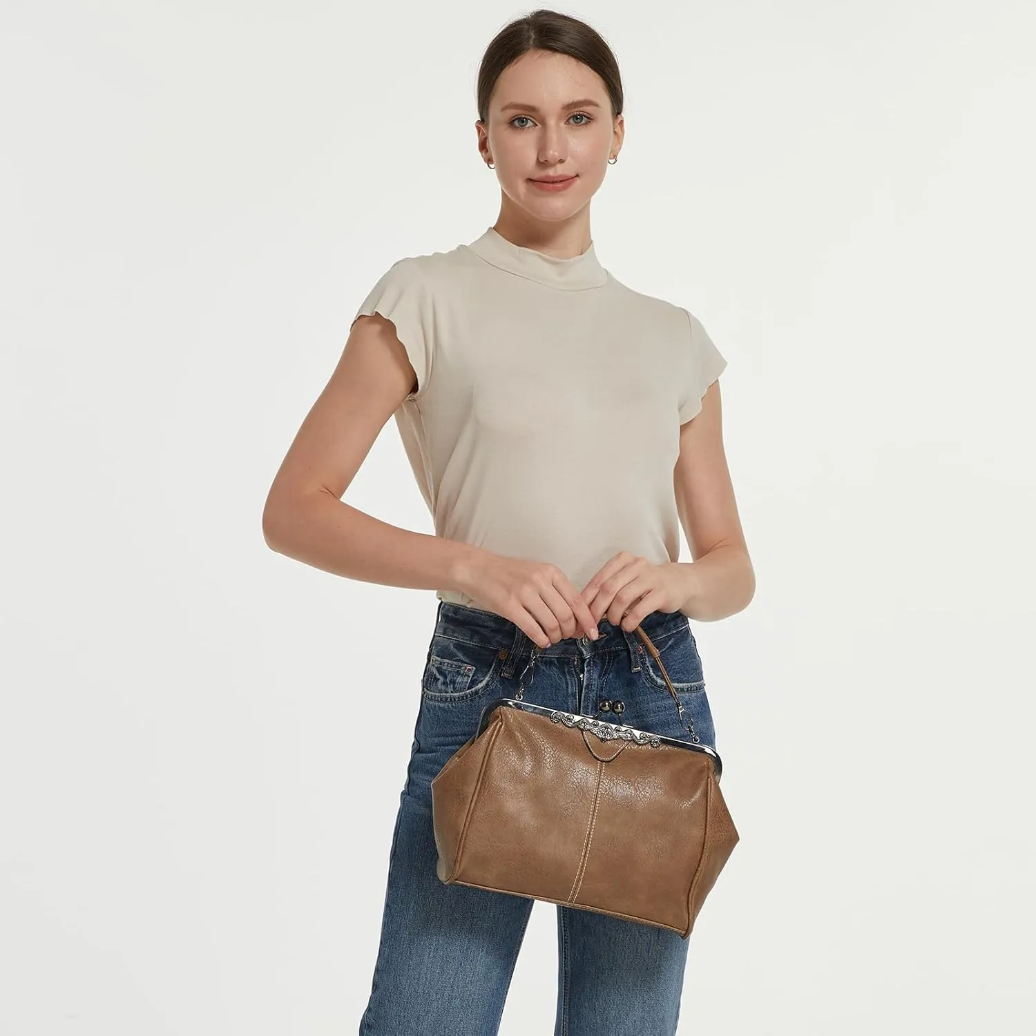 Women Kiss Lock Vintage Handbags for Women Oil Leather Evening Clutch Satchel Purse Tote