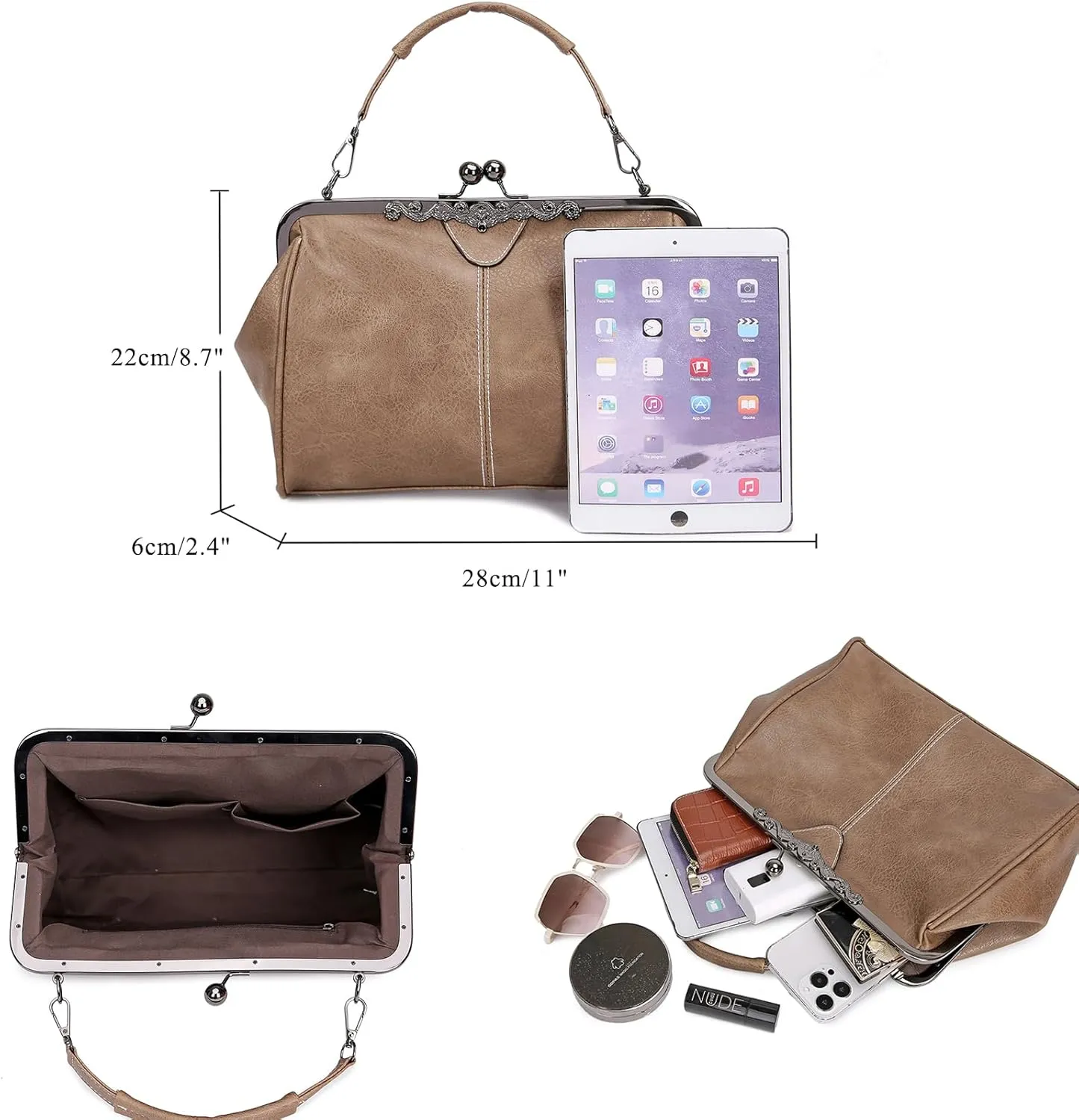 Women Kiss Lock Vintage Handbags for Women Oil Leather Evening Clutch Satchel Purse Tote
