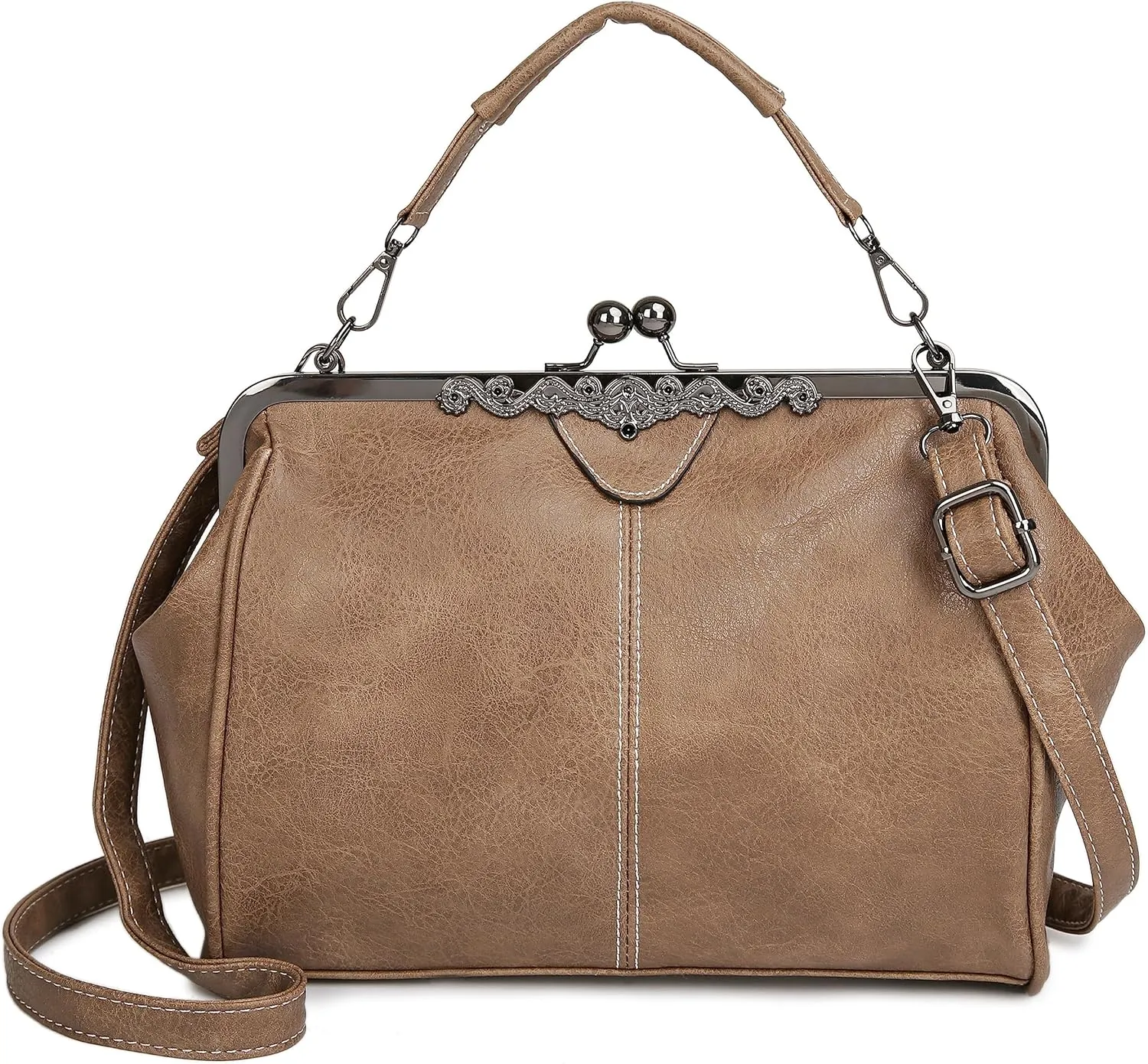 Women Kiss Lock Vintage Handbags for Women Oil Leather Evening Clutch Satchel Purse Tote