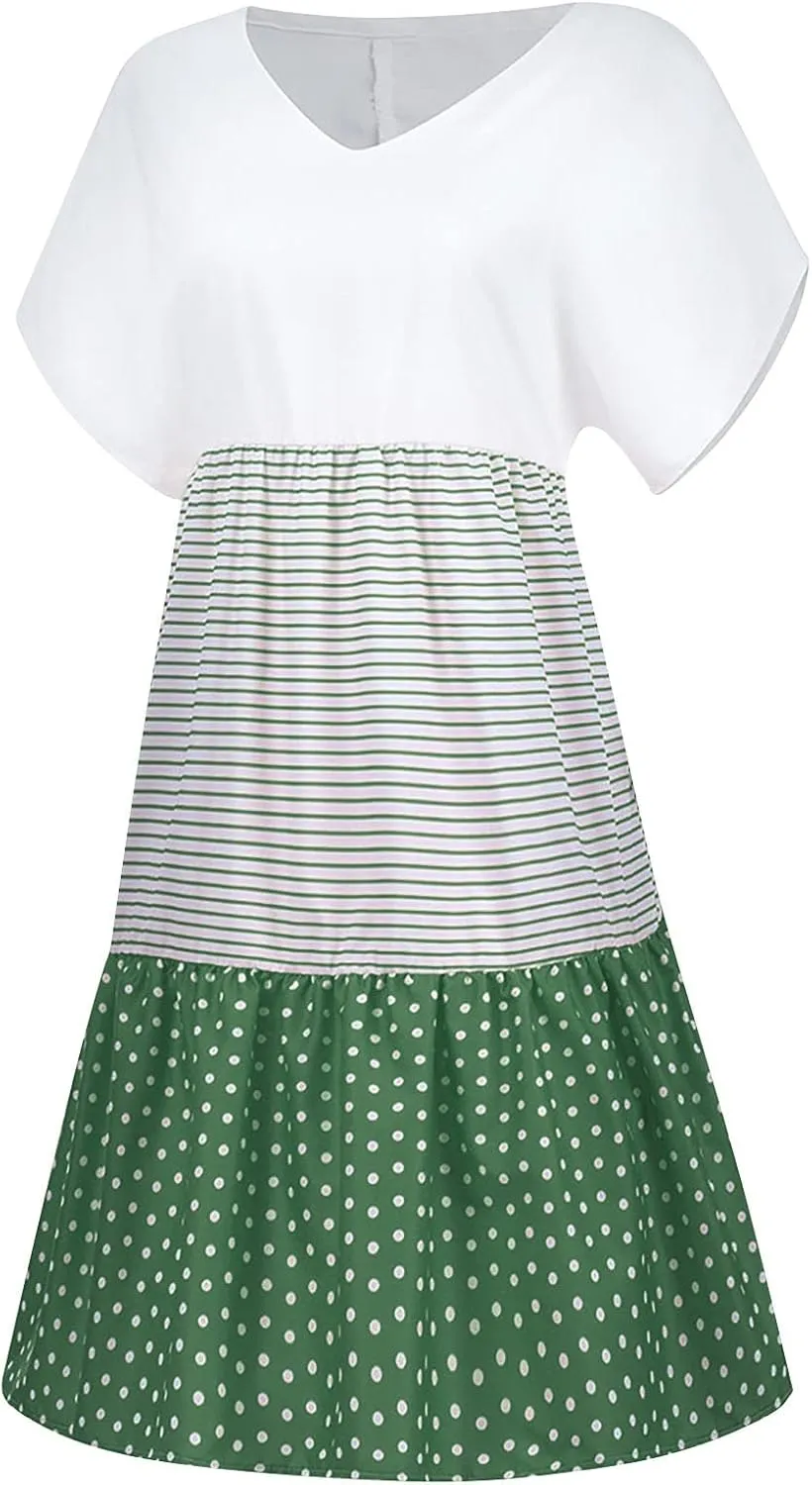 Women Summer Dresses 2024 Casual Short Sleeve V Neck Sundress Patchwork Plus Size V Neck Ruffle Beach Midi Dress