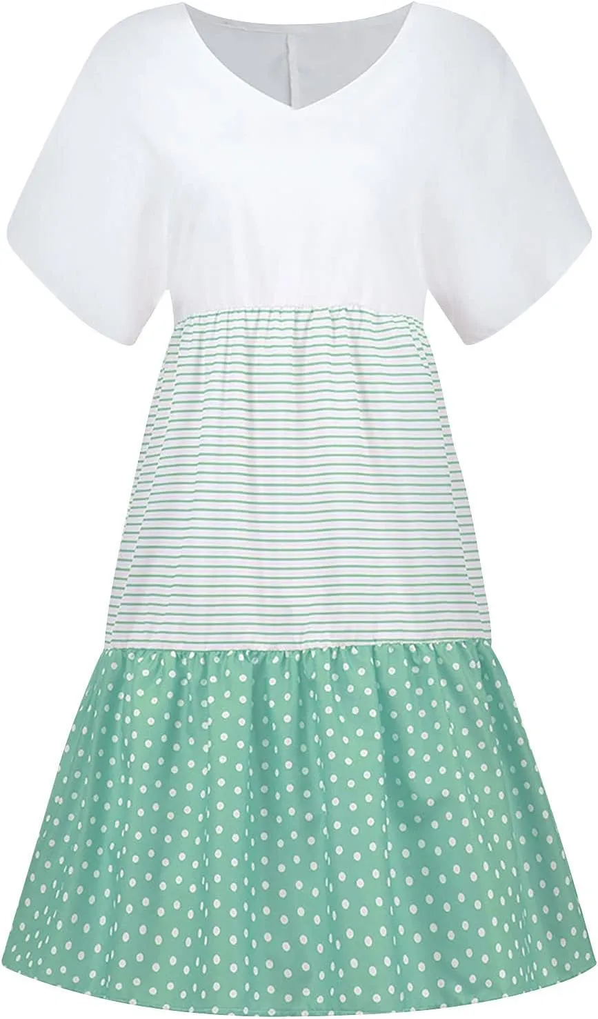 Women Summer Dresses 2024 Casual Short Sleeve V Neck Sundress Patchwork Plus Size V Neck Ruffle Beach Midi Dress