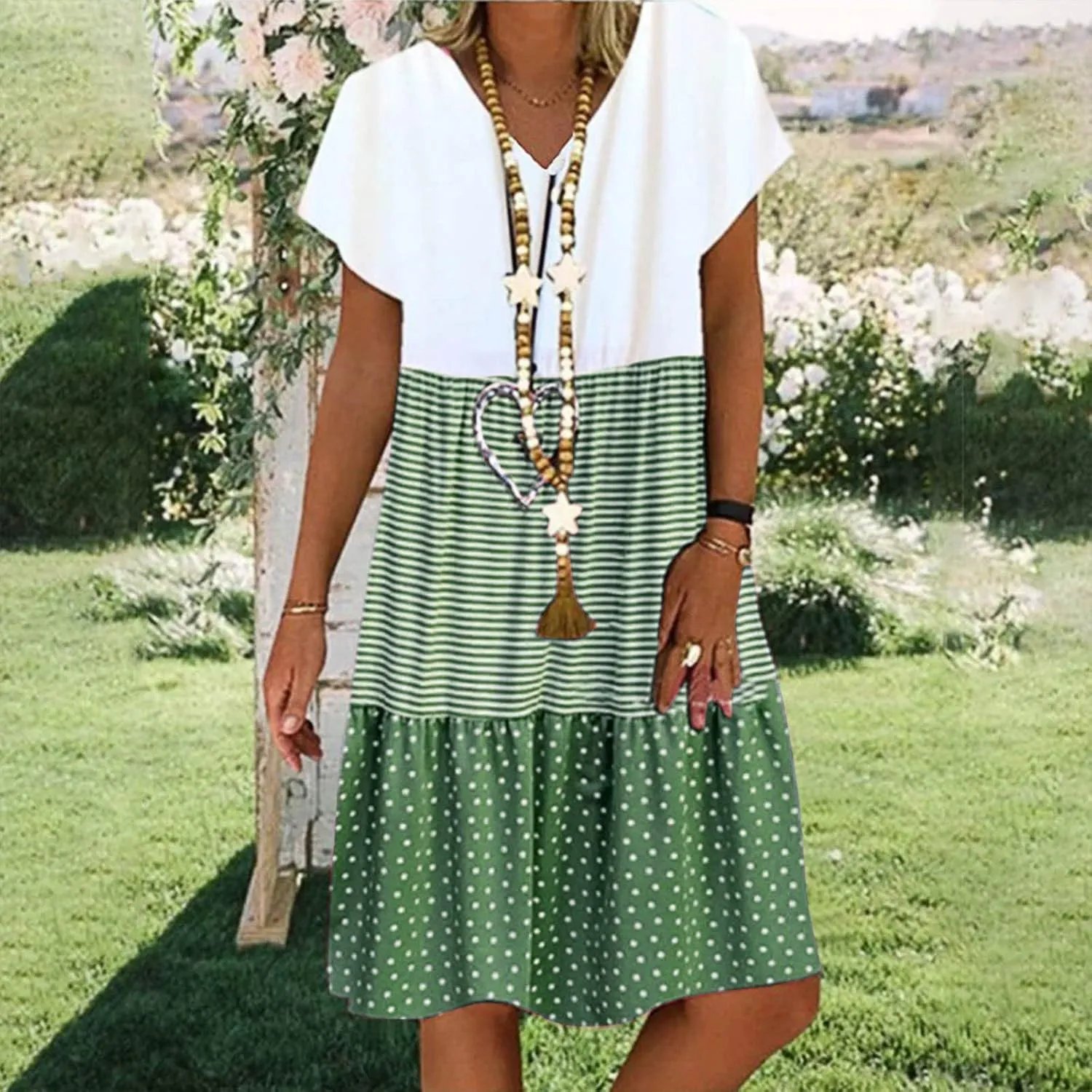 Women Summer Dresses 2024 Casual Short Sleeve V Neck Sundress Patchwork Plus Size V Neck Ruffle Beach Midi Dress