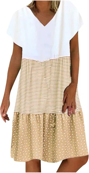 Women Summer Dresses 2024 Casual Short Sleeve V Neck Sundress Patchwork Plus Size V Neck Ruffle Beach Midi Dress