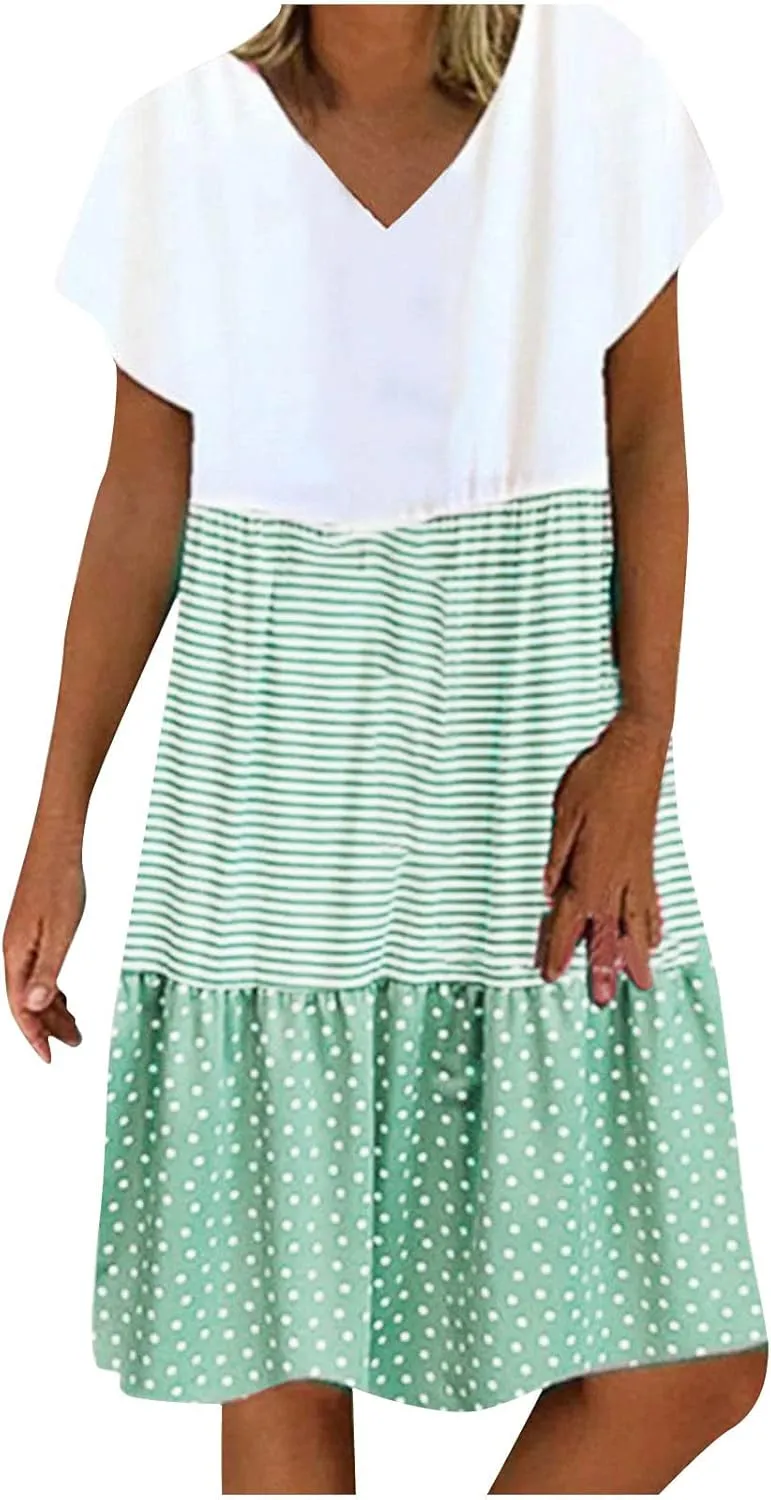 Women Summer Dresses 2024 Casual Short Sleeve V Neck Sundress Patchwork Plus Size V Neck Ruffle Beach Midi Dress
