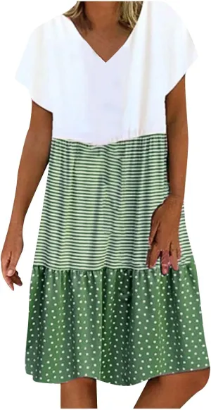 Women Summer Dresses 2024 Casual Short Sleeve V Neck Sundress Patchwork Plus Size V Neck Ruffle Beach Midi Dress