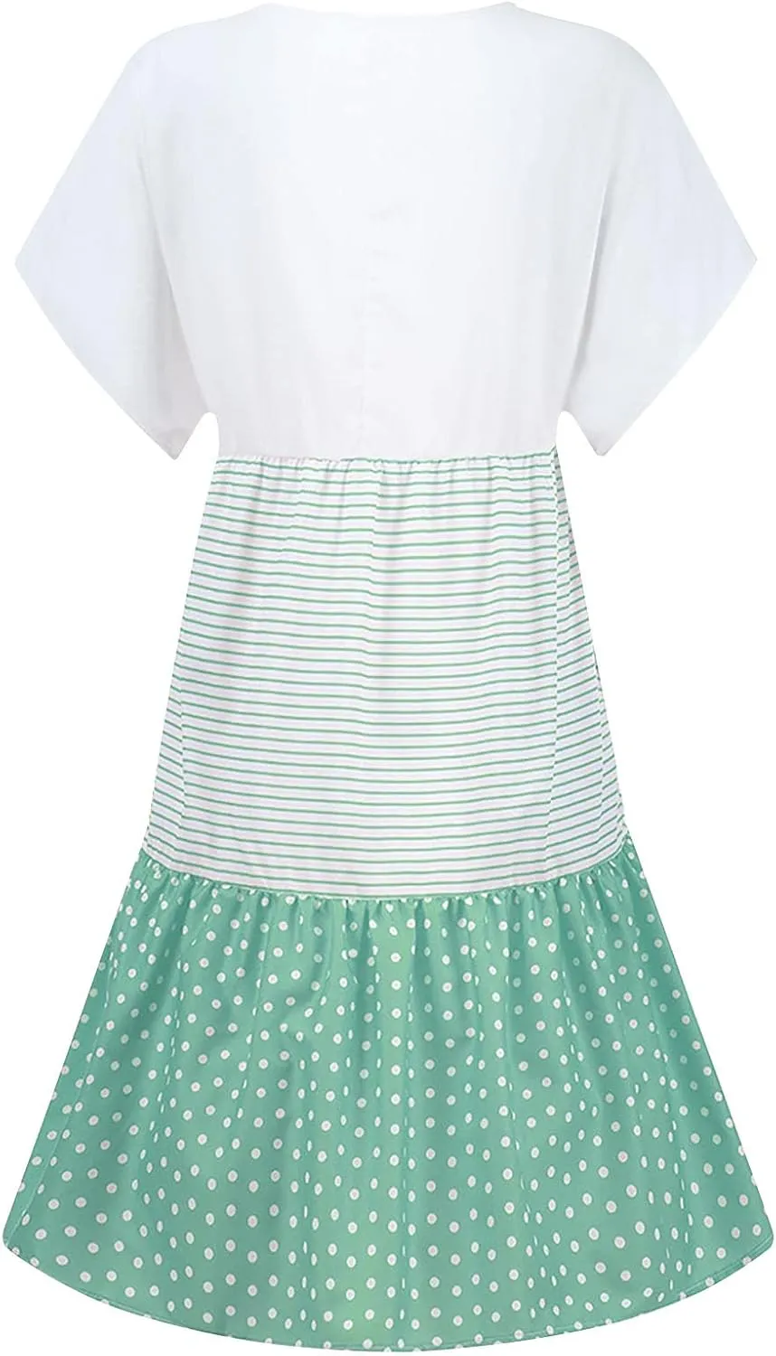 Women Summer Dresses 2024 Casual Short Sleeve V Neck Sundress Patchwork Plus Size V Neck Ruffle Beach Midi Dress