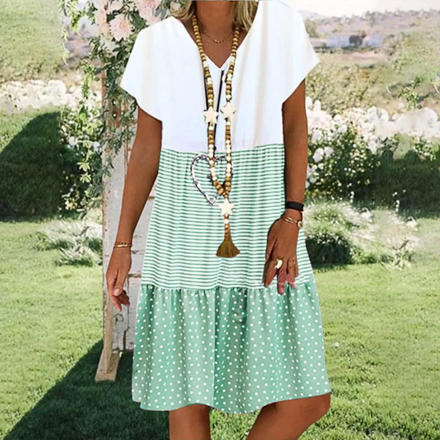 Women Summer Dresses 2024 Casual Short Sleeve V Neck Sundress Patchwork Plus Size V Neck Ruffle Beach Midi Dress