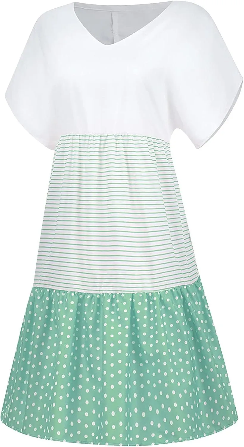 Women Summer Dresses 2024 Casual Short Sleeve V Neck Sundress Patchwork Plus Size V Neck Ruffle Beach Midi Dress