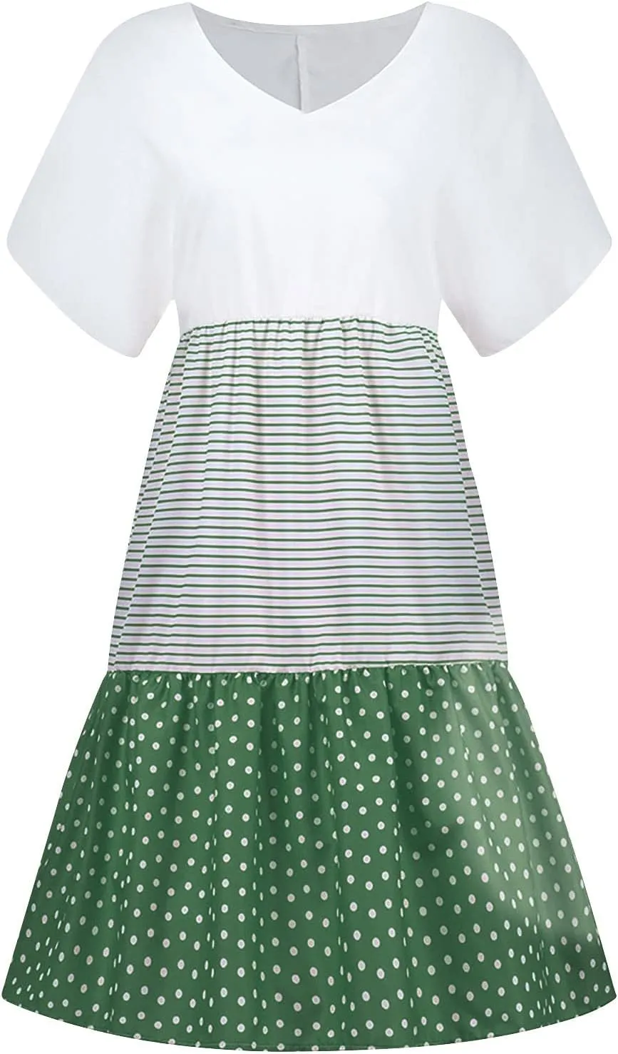 Women Summer Dresses 2024 Casual Short Sleeve V Neck Sundress Patchwork Plus Size V Neck Ruffle Beach Midi Dress