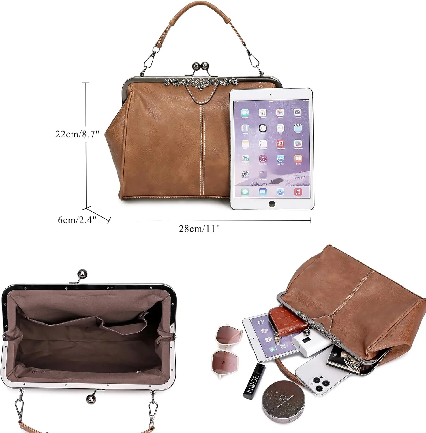 Women Vintage Kiss LockHandbags for Women PU Leather Evening Clutch Satchel Purse Tote, Black