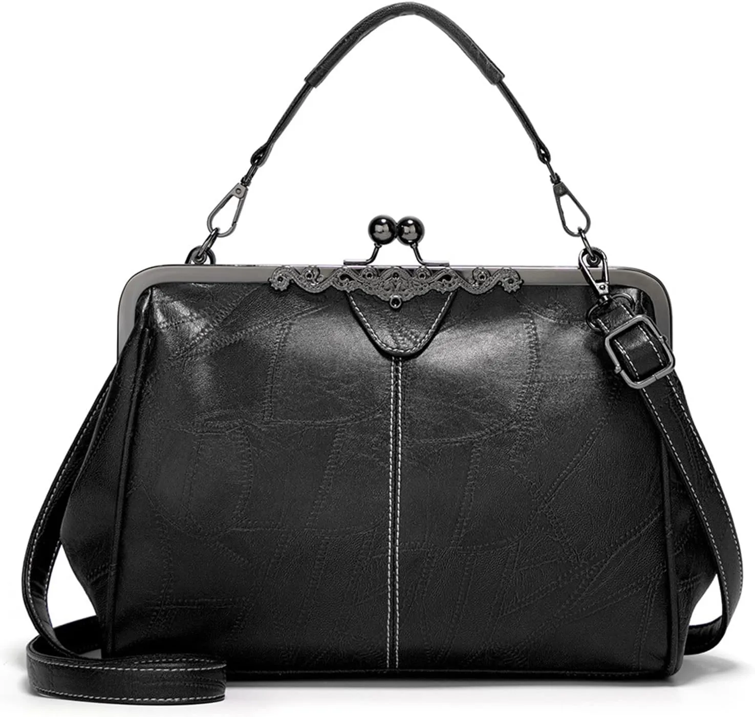 Women Vintage Kiss LockHandbags for Women PU Leather Evening Clutch Satchel Purse Tote, Black