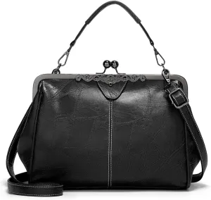 Women Vintage Kiss LockHandbags for Women PU Leather Evening Clutch Satchel Purse Tote, Black