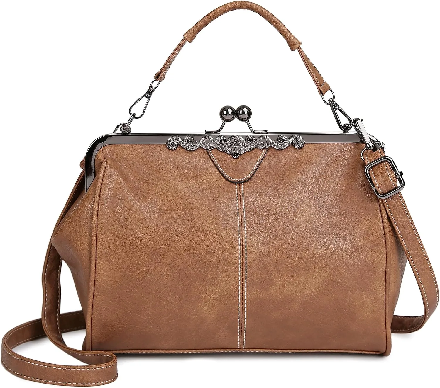 Women Vintage Kiss LockHandbags for Women PU Leather Evening Clutch Satchel Purse Tote, Black