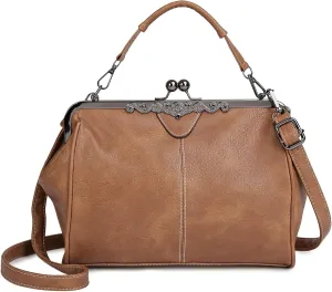 Women Vintage Kiss LockHandbags for Women PU Leather Evening Clutch Satchel Purse Tote, Black