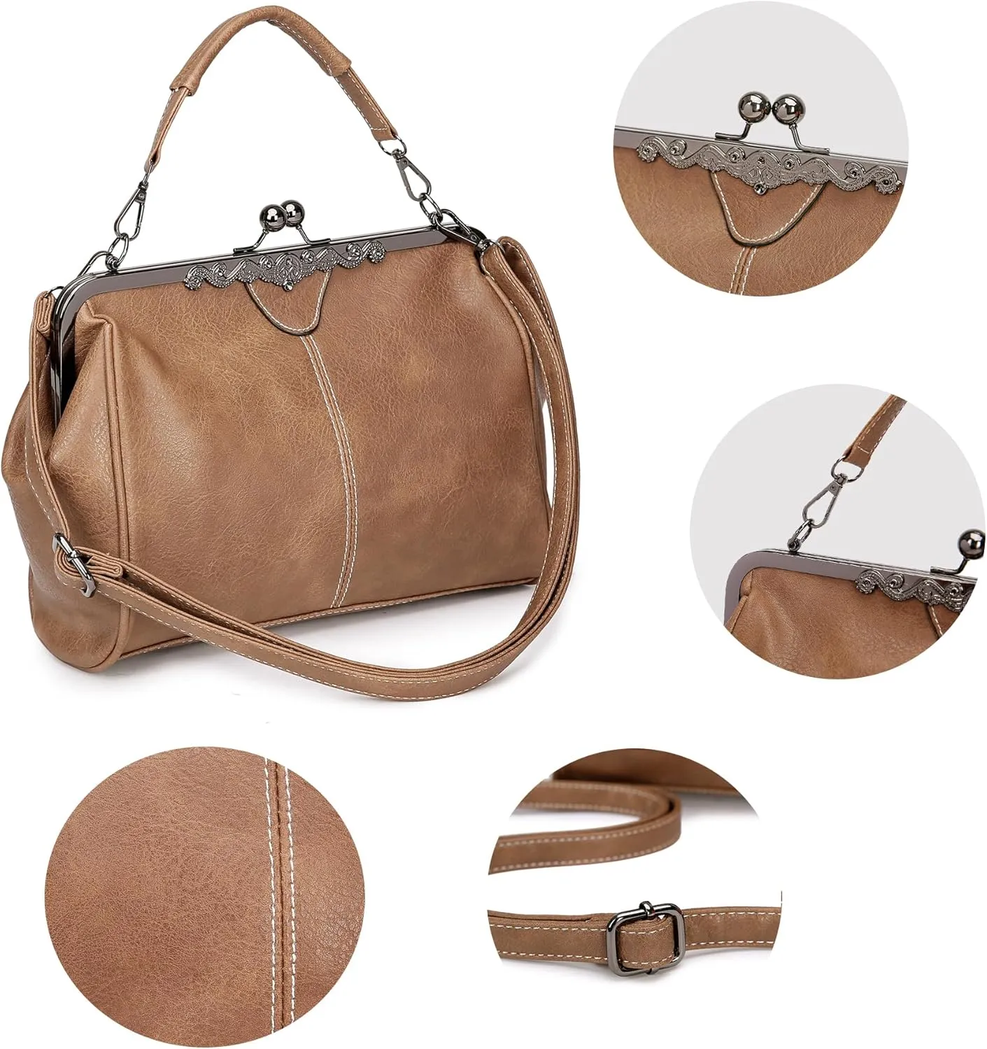 Women Vintage Kiss LockHandbags for Women PU Leather Evening Clutch Satchel Purse Tote, Black