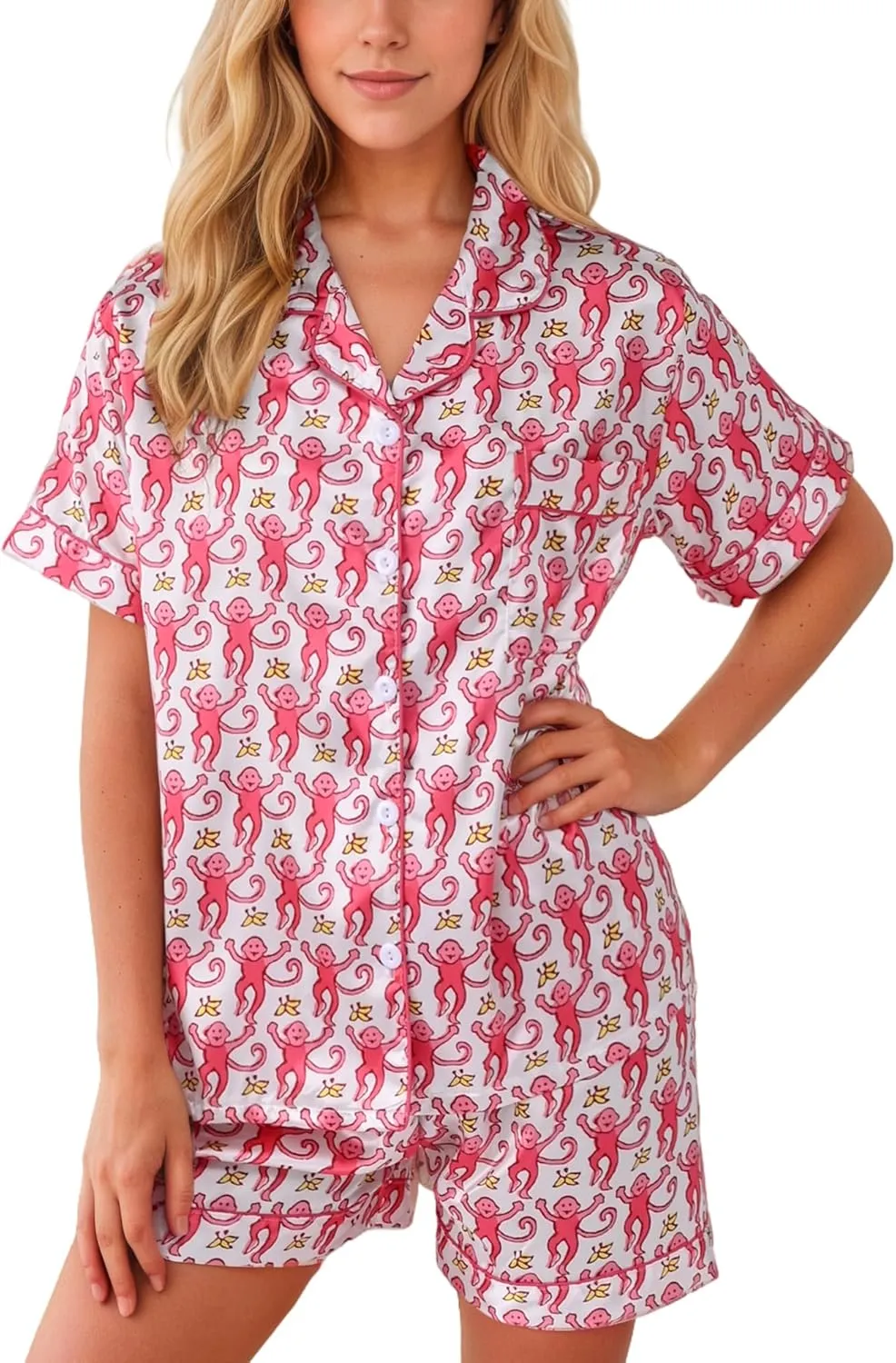 Women Y2k Pajamas Set Silk Satin Short Sleeve Button Down Top and Shorts Monkey Sleepwear Preppy Bridal Loungewear