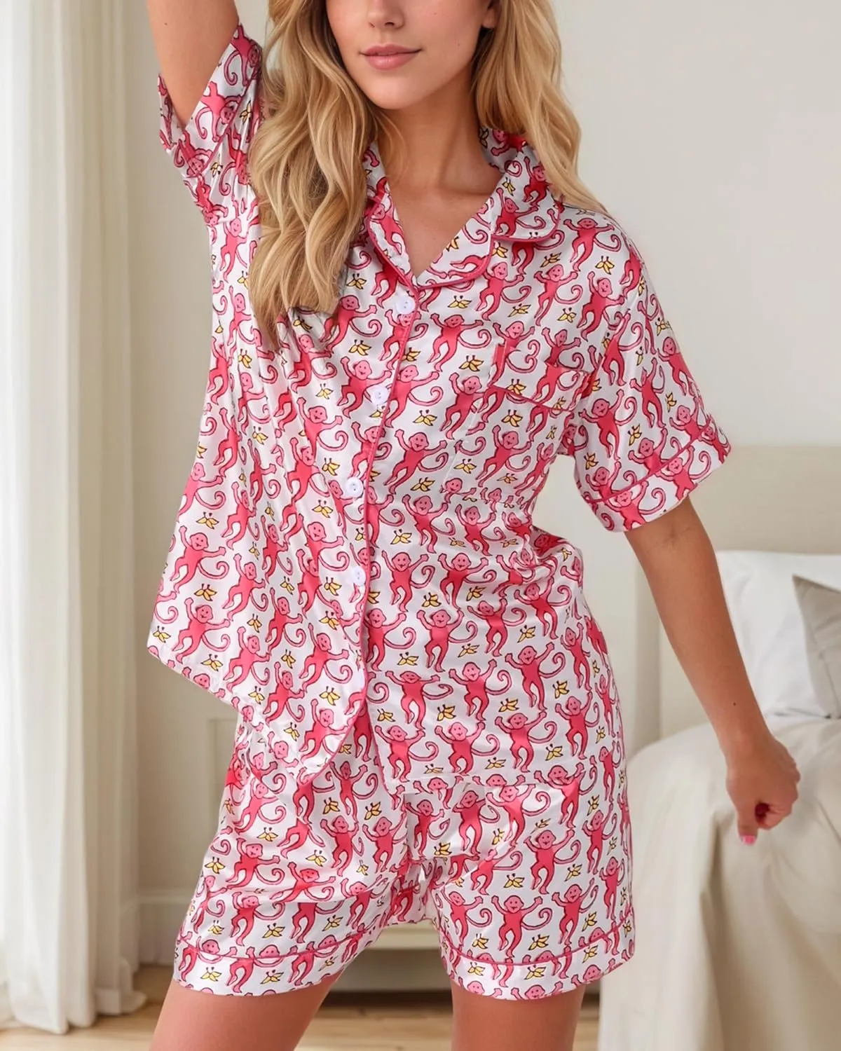 Women Y2k Pajamas Set Silk Satin Short Sleeve Button Down Top and Shorts Monkey Sleepwear Preppy Bridal Loungewear