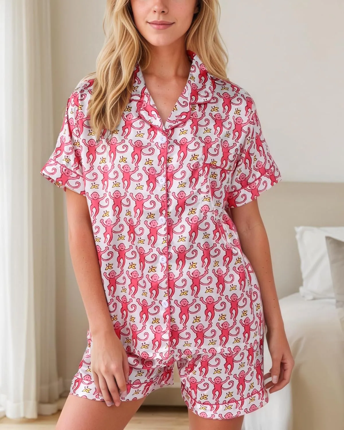 Women Y2k Pajamas Set Silk Satin Short Sleeve Button Down Top and Shorts Monkey Sleepwear Preppy Bridal Loungewear