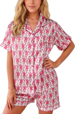 Women Y2k Pajamas Set Silk Satin Short Sleeve Button Down Top and Shorts Monkey Sleepwear Preppy Bridal Loungewear