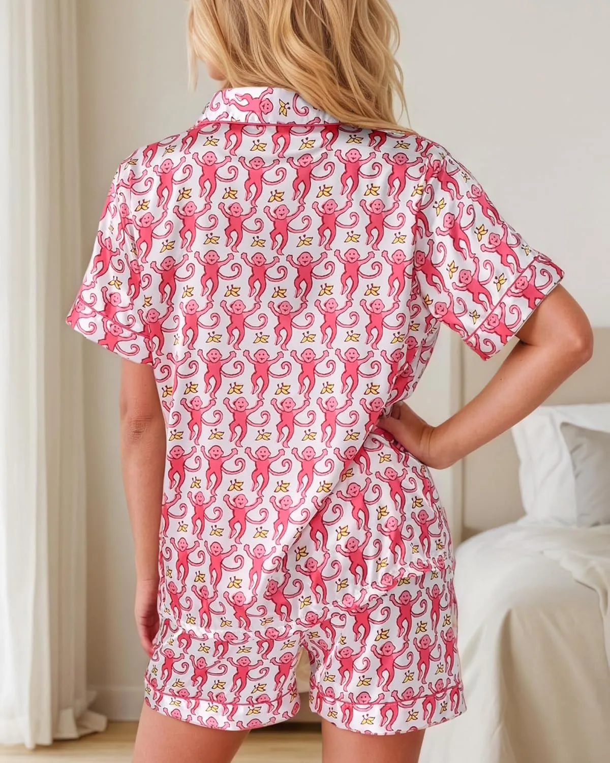 Women Y2k Pajamas Set Silk Satin Short Sleeve Button Down Top and Shorts Monkey Sleepwear Preppy Bridal Loungewear