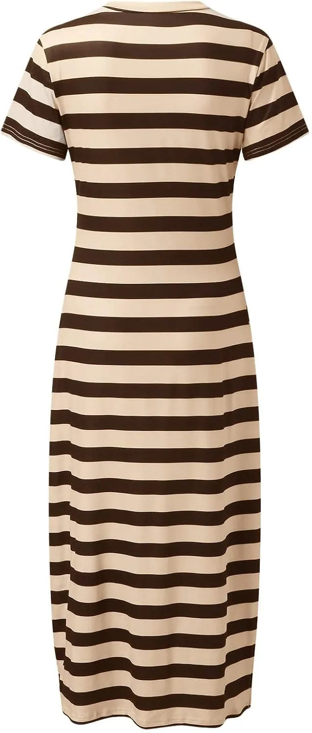 Womens 2024 Casual Maxi Dress Trendy Short Sleeve V Neck High Split Stripe Sundress Summer Long Beach Tshirt Dresses